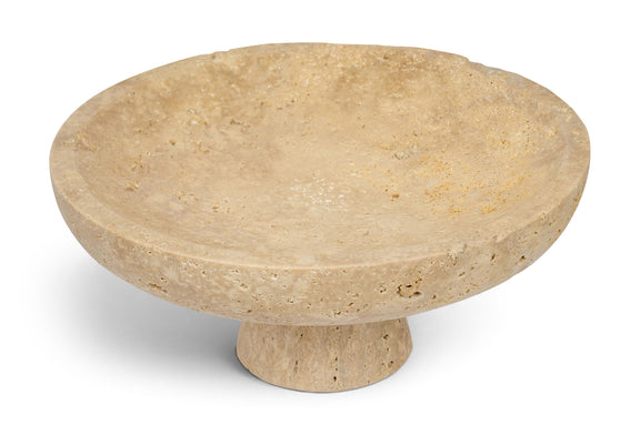 Beige travertine round bowl on short pedestal base, speckled texture