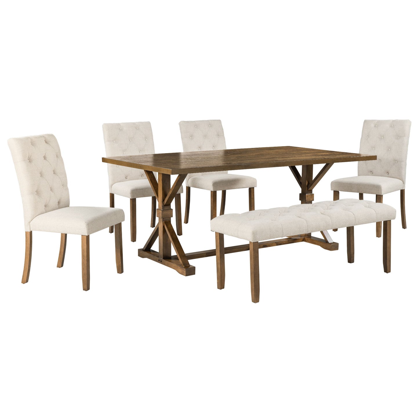 6 Piece Dining Table Set With Rectangular Wood Table, 4 Upholstered Chairs, Bench
