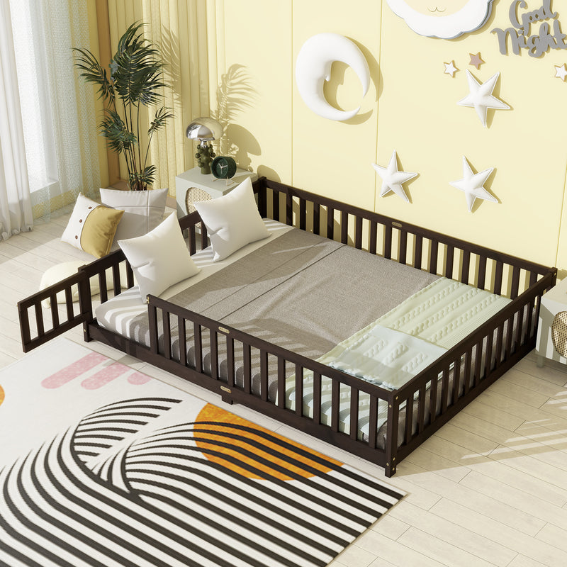 Queen Size Floor Bed with Fence, Door, Rubber Wood Floor Bed with Safety Guardrails, Espresso