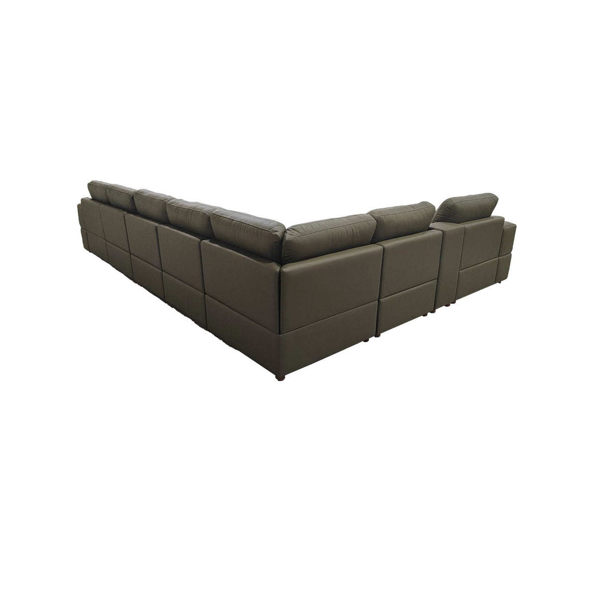 Dark green modular sectional sofa with large square arms and deep corner chaise section