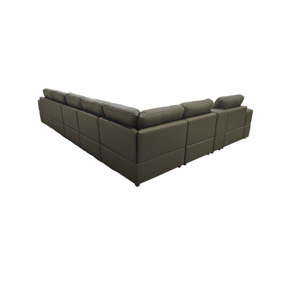 Dark green modular sectional sofa with large square arms and deep corner chaise section
