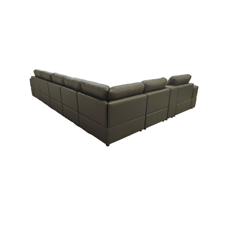 Dark green modular sectional sofa with large square arms and deep corner chaise section