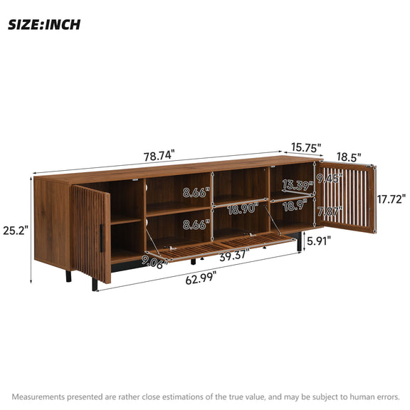 Walnut TV stand with open shelves, slatted doors, and raised legs; dimensions
