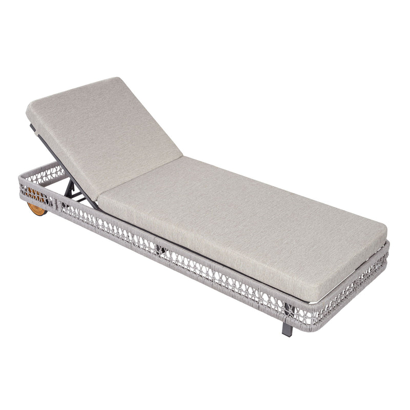 Gray outdoor chaise lounge with wheels and 5-position adjustable backrest, padded cushions.