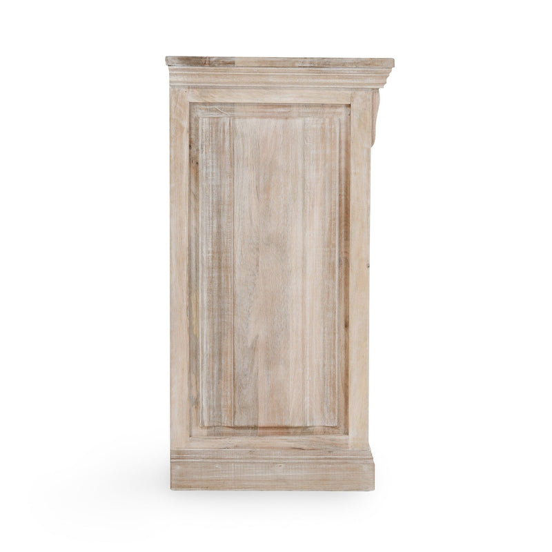 Natural cream wash dresser end panel with vertical paneling and curved top molding