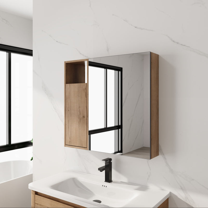 Wall-mounted bathroom cabinet with door open, wood-finish interior shelves