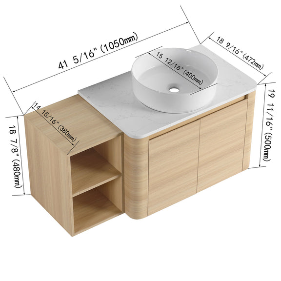 Mounted bathroom vanity with white art sink; top and overall dimensions shown