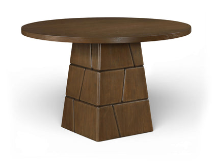 Dark brown round dining table with octagonal block pedestal base and round top