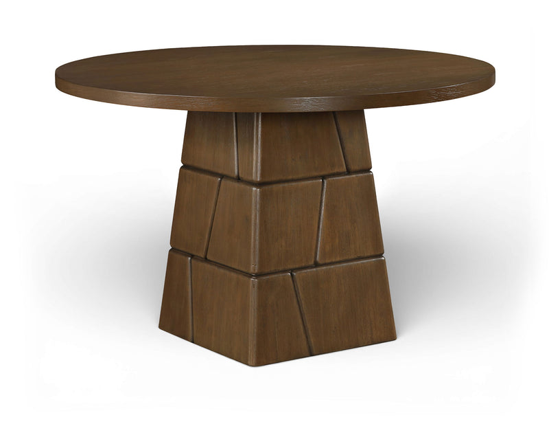 Dark brown round dining table with octagonal block pedestal base and round top