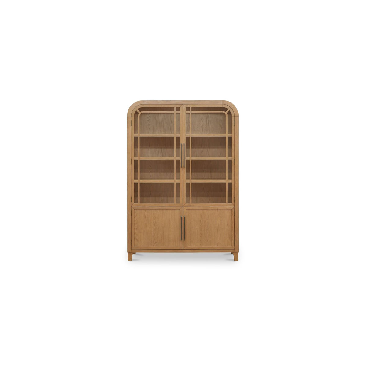 Natural wood cabinet with glass-pane doors and two lower storage doors