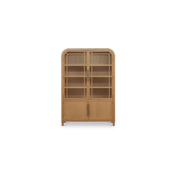 Natural wood cabinet with glass-pane doors and two lower storage doors