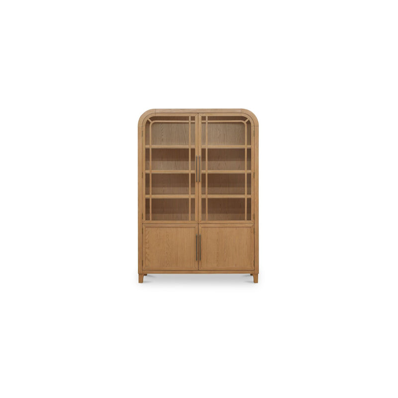 Natural wood cabinet with glass-pane doors and two lower storage doors