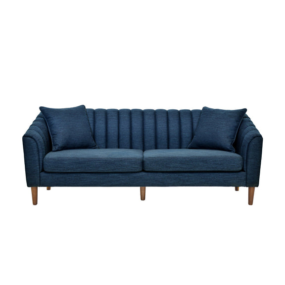Navy blue 3-seater sofa with button-tufted back, deep seat cushions, wooden legs