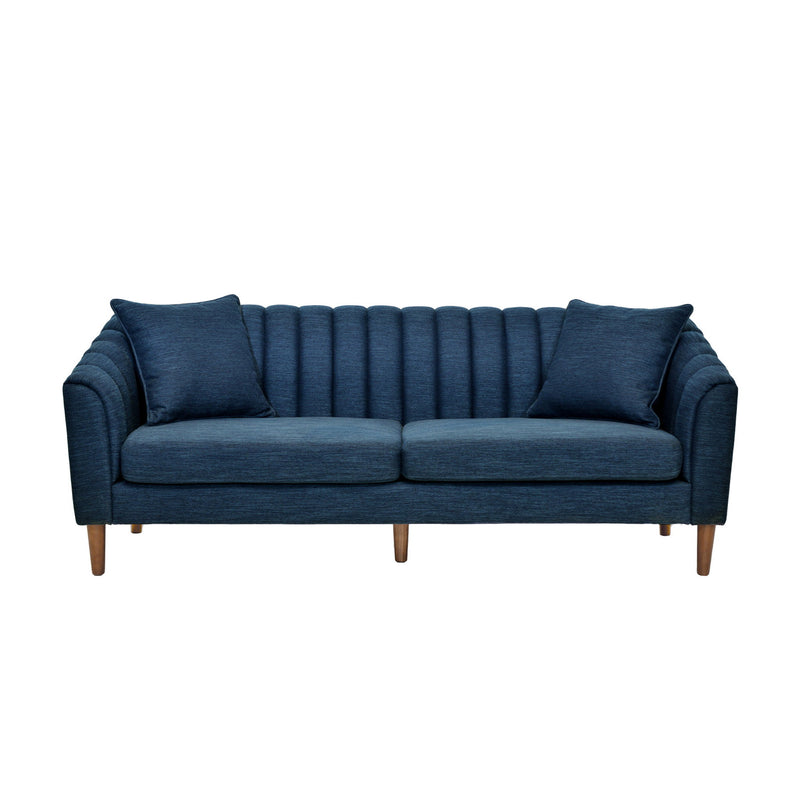 Navy blue 3-seater sofa with button-tufted back, deep seat cushions, wooden legs
