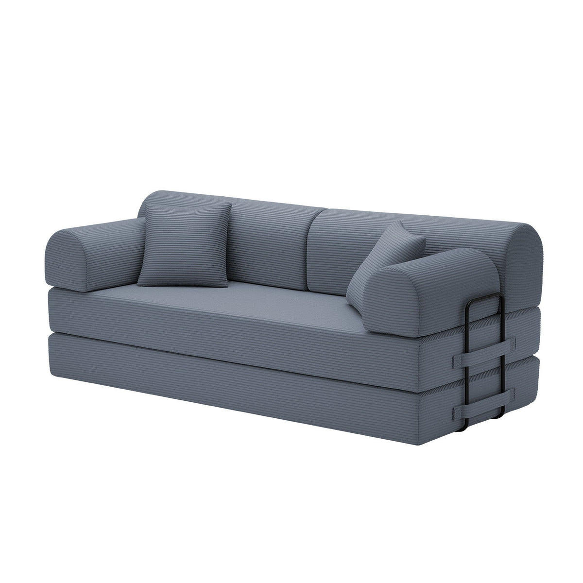 Light gray convertible sleeper sofa bed with padded armrests and curved backrest.