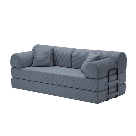 Light gray convertible sleeper sofa bed with padded armrests and curved backrest.