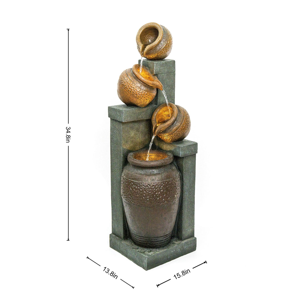 Four-tier outdoor fountain with cascading water, shown with dimensions of 34.8 by 15.8 inches.
