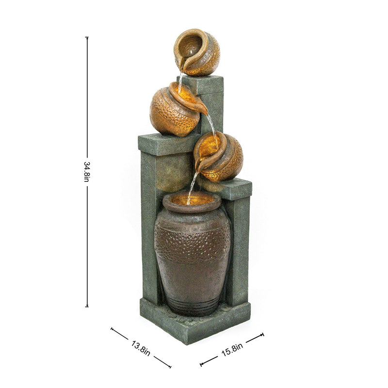 Four-tier outdoor fountain with cascading water, shown with dimensions of 34.8 by 15.8 inches.