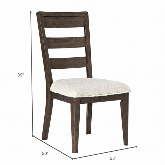 Dark brown dining chair with ladder back, beige upholstered seat, and size markings.