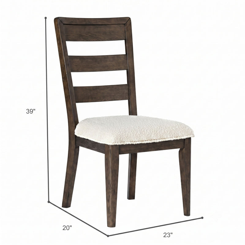 Dark brown dining chair with ladder back, beige upholstered seat, and size markings.