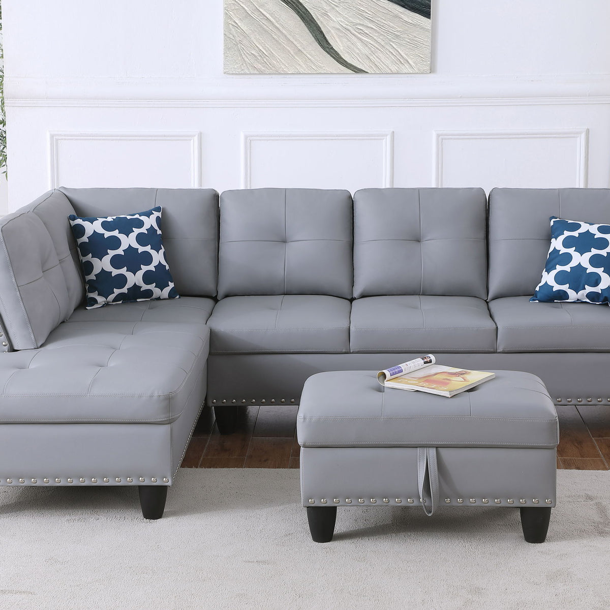 Irine - Faux Leather Sectional Sofa With Ottoman - Gray