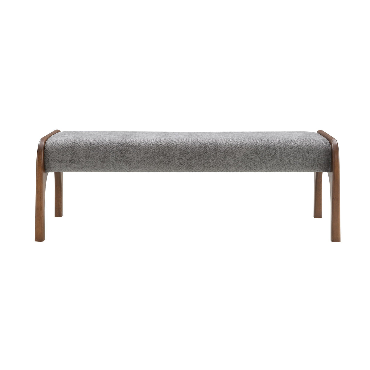 Gray upholstered long bench with curved armrests and wooden legs