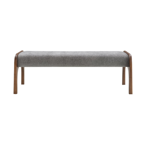 Gray upholstered long bench with curved armrests and wooden legs
