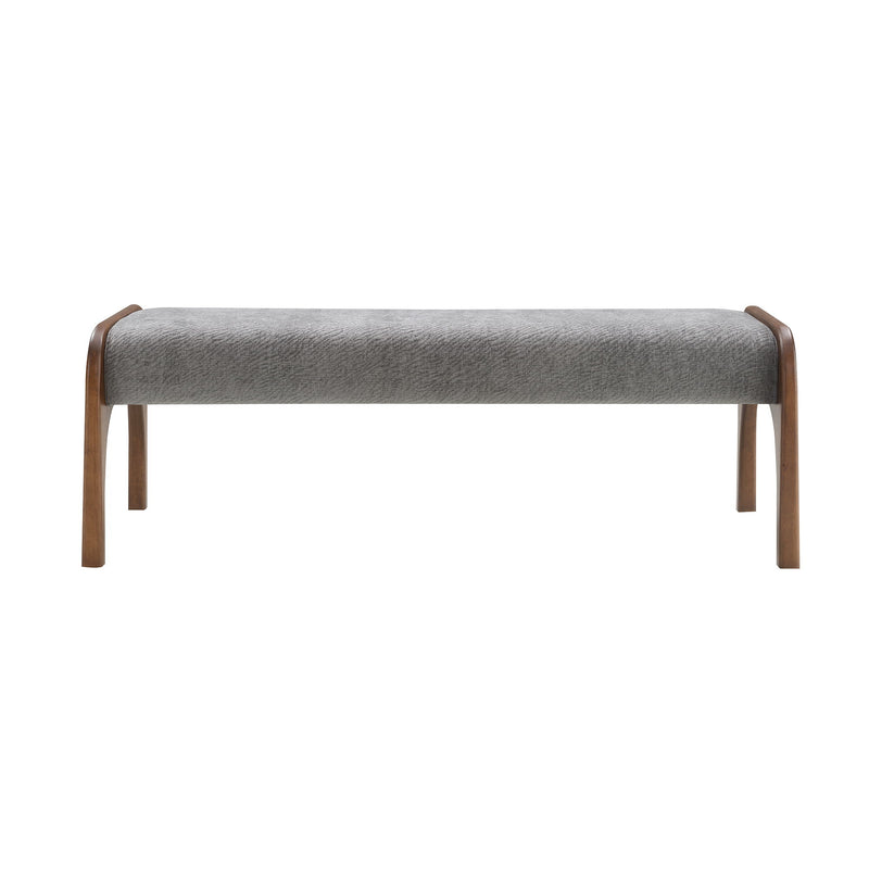 Gray upholstered long bench with curved armrests and wooden legs