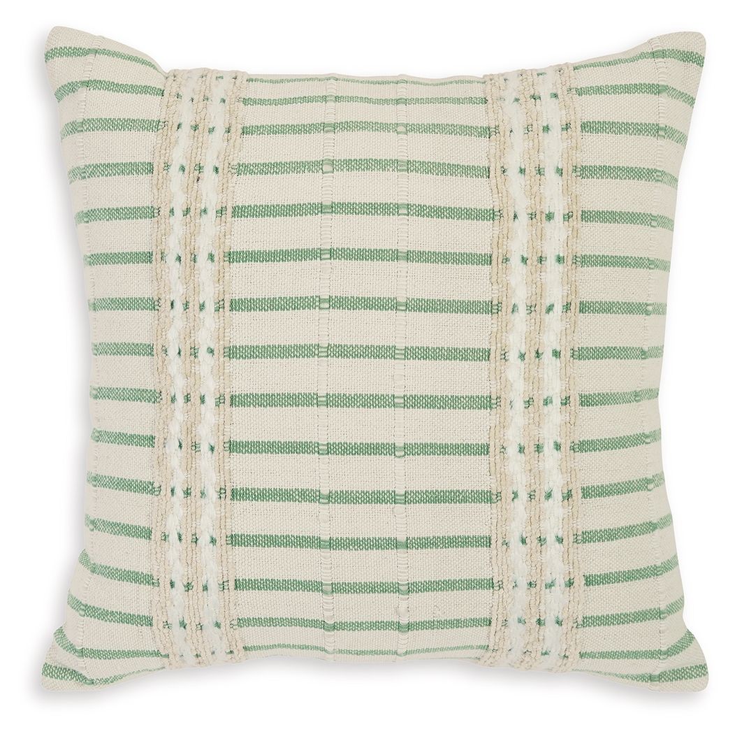 Square pillow cover with green striped fabric and textured stitched borders