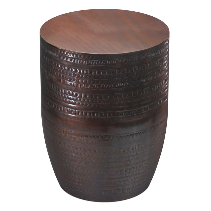 Dark brown metal drum accent table with embossed horizontal bands and flat round top