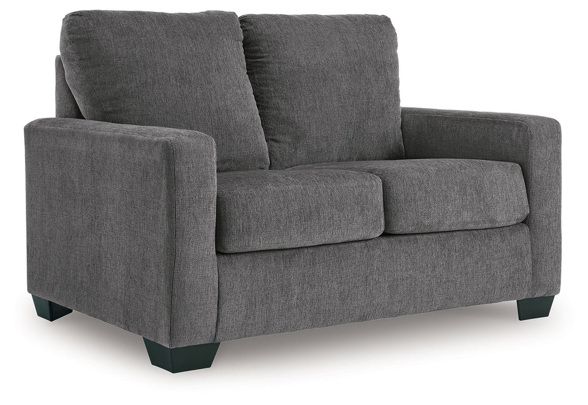 Dark gray fabric loveseat sofa with three seat cushions and tall backrests