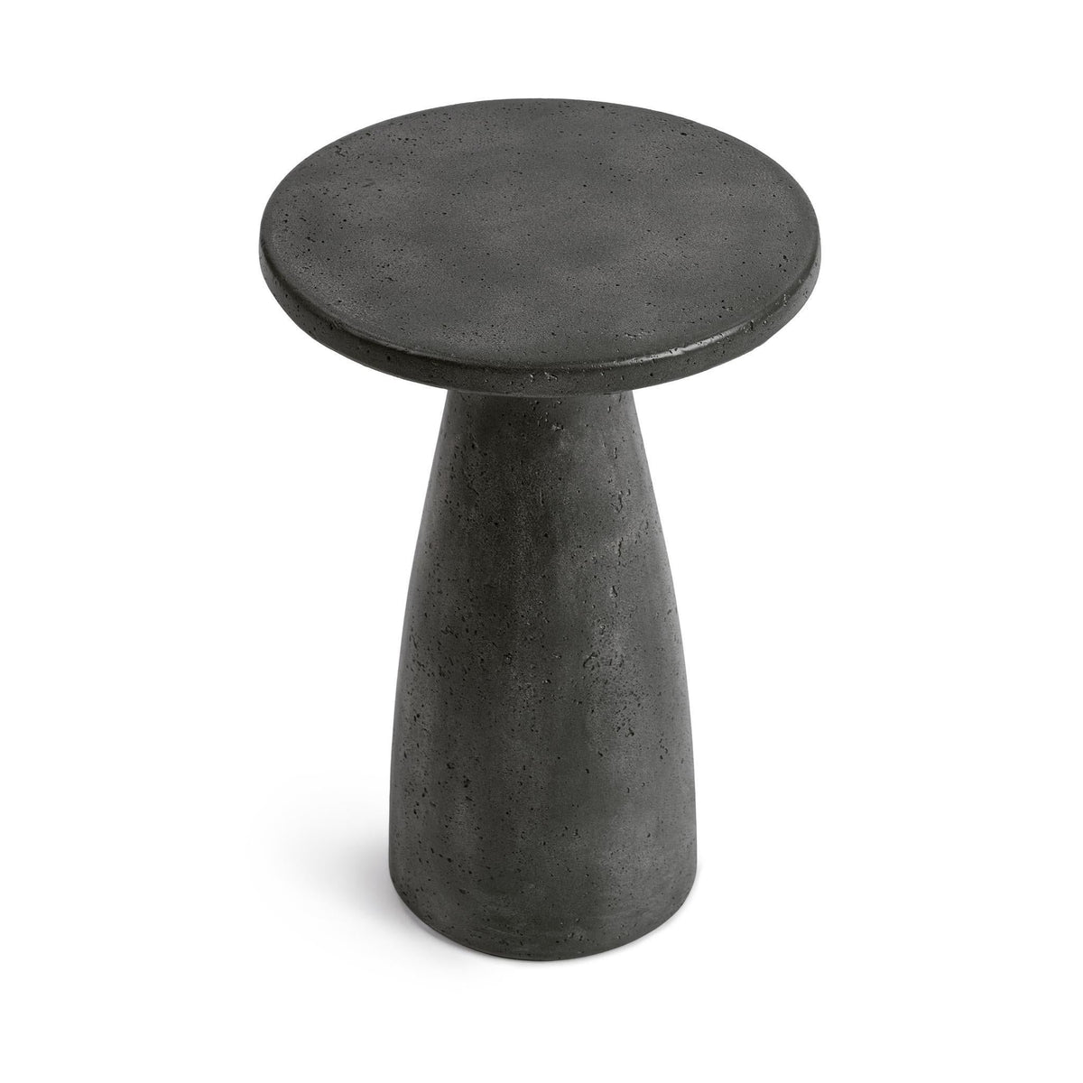 Outdoor accent table, dark speckled round top with tapered pedestal stand.