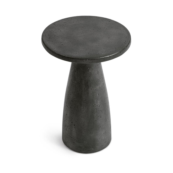 Outdoor accent table, dark speckled round top with tapered pedestal stand.