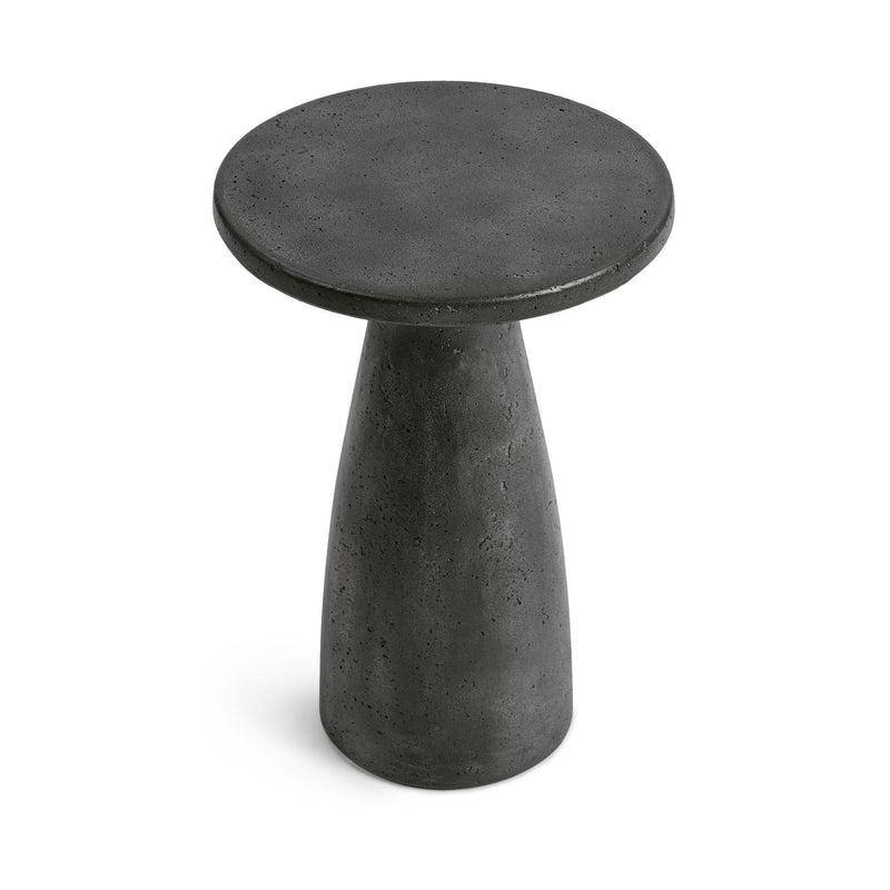 Outdoor accent table, dark speckled round top with tapered pedestal stand.