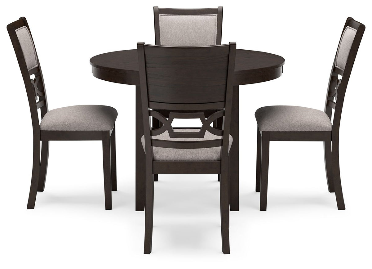 Round brown dining table with four matching upholstered side chairs