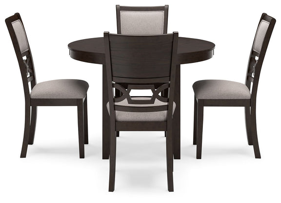 Round brown dining table with four matching upholstered side chairs