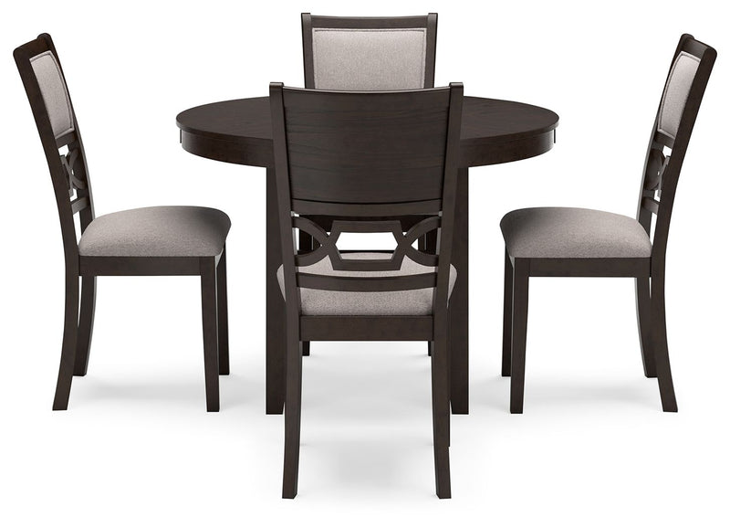 Round brown dining table with four matching upholstered side chairs