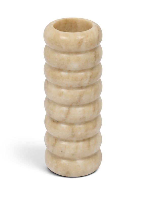 Beige genuine marble vase with ribbed, stacked band design and wide round opening