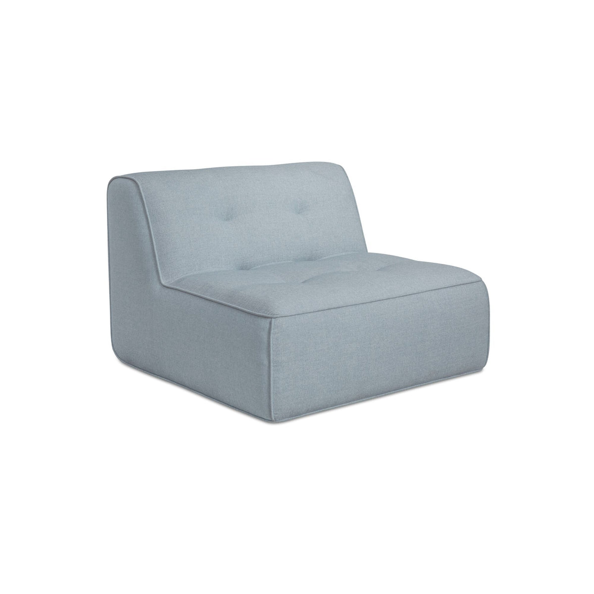 Light blue upholstered outdoor slipper chair with padded seat and square armrest