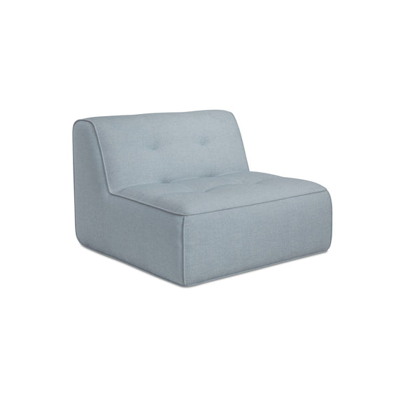 Light blue upholstered outdoor slipper chair with padded seat and square armrest