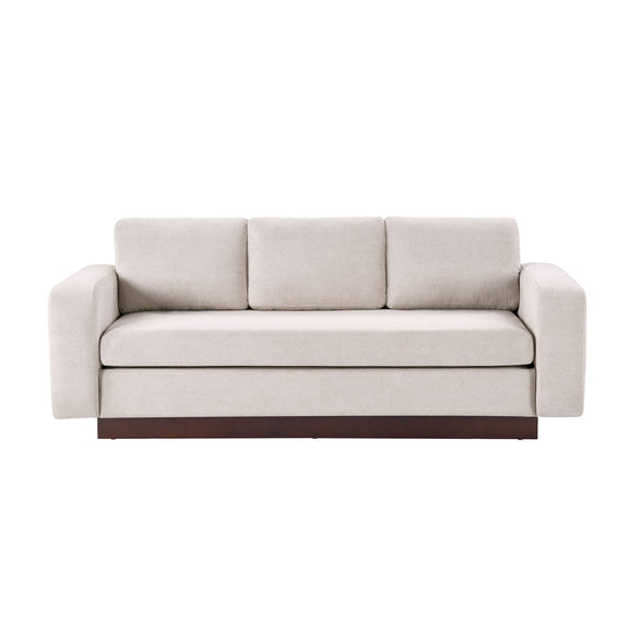 Light beige 3-seater sofa with padded seat and rounded armrests