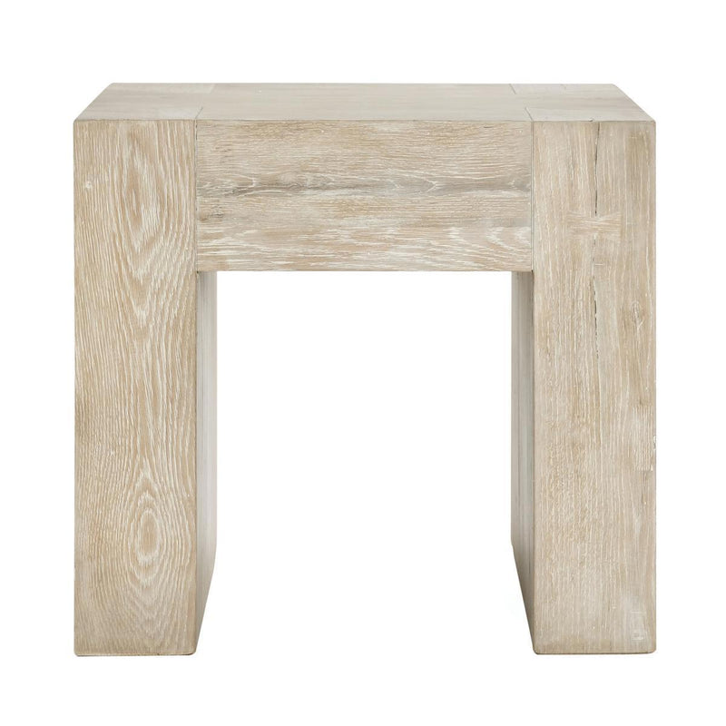 Reclaimed oak console table base with open center, aged cream finish