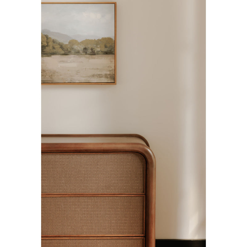Warm brown dresser corner with woven fabric drawer panels and curved top