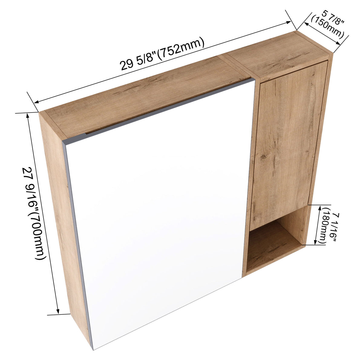 Wall-mounted bathroom cabinet with oak-finish frame, dimensions callout, open shelving