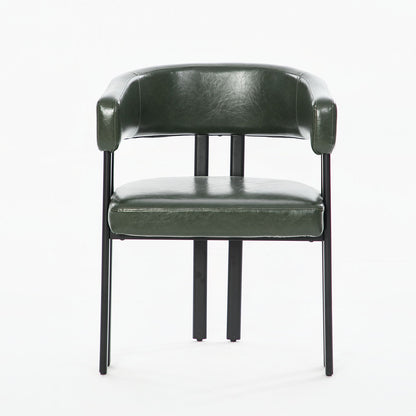 Dark green upholstered barrel dining chair with curved back, armrests, and black metal legs