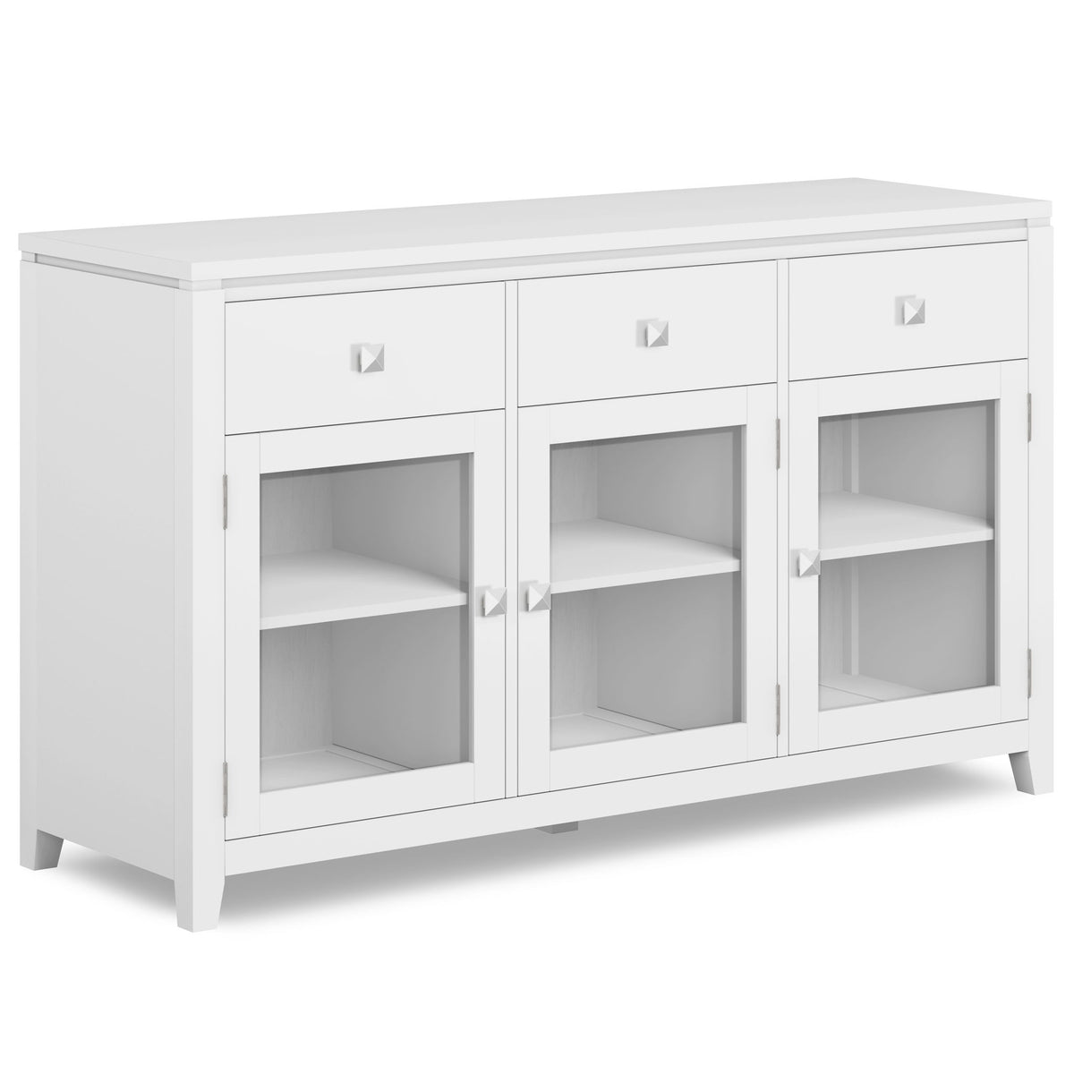 White sideboard buffet with glass cabinet doors, three drawers, and metal knob pulls.