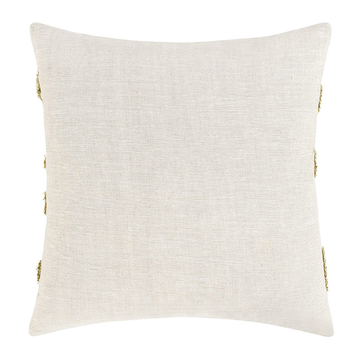 Cream decorative pillow with small green fringe on side edges