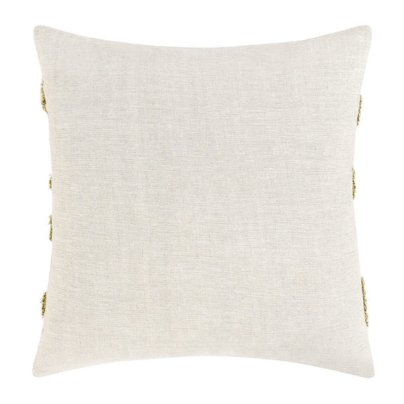 Cream decorative pillow with small green fringe on side edges