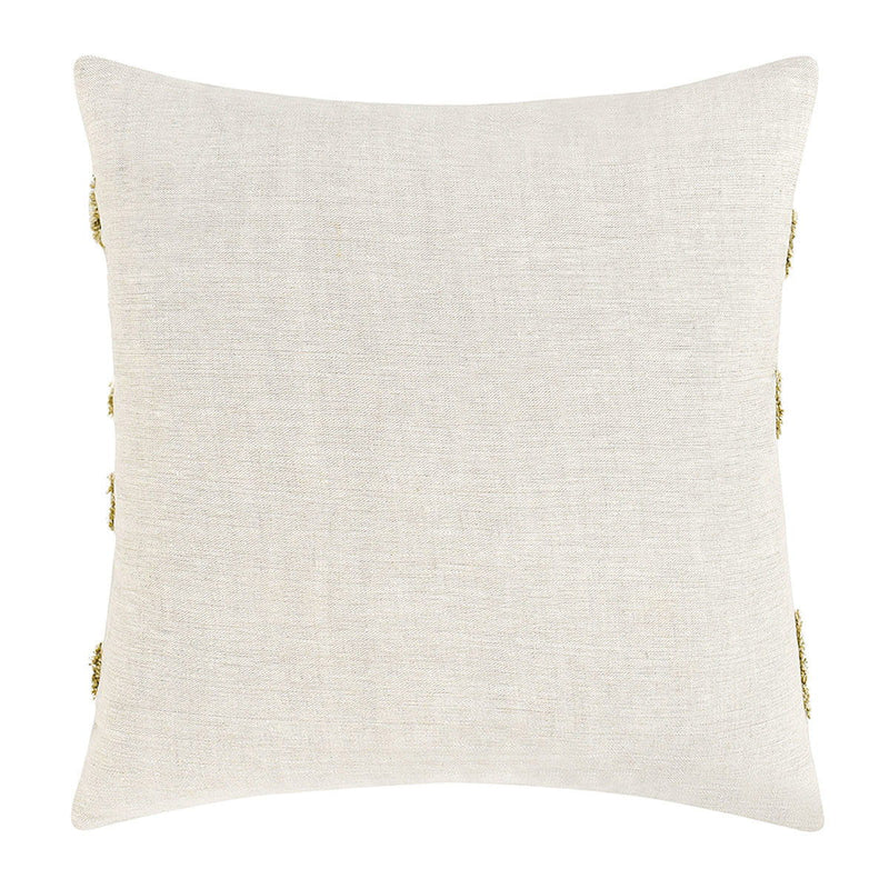 Cream decorative pillow with small green fringe on side edges