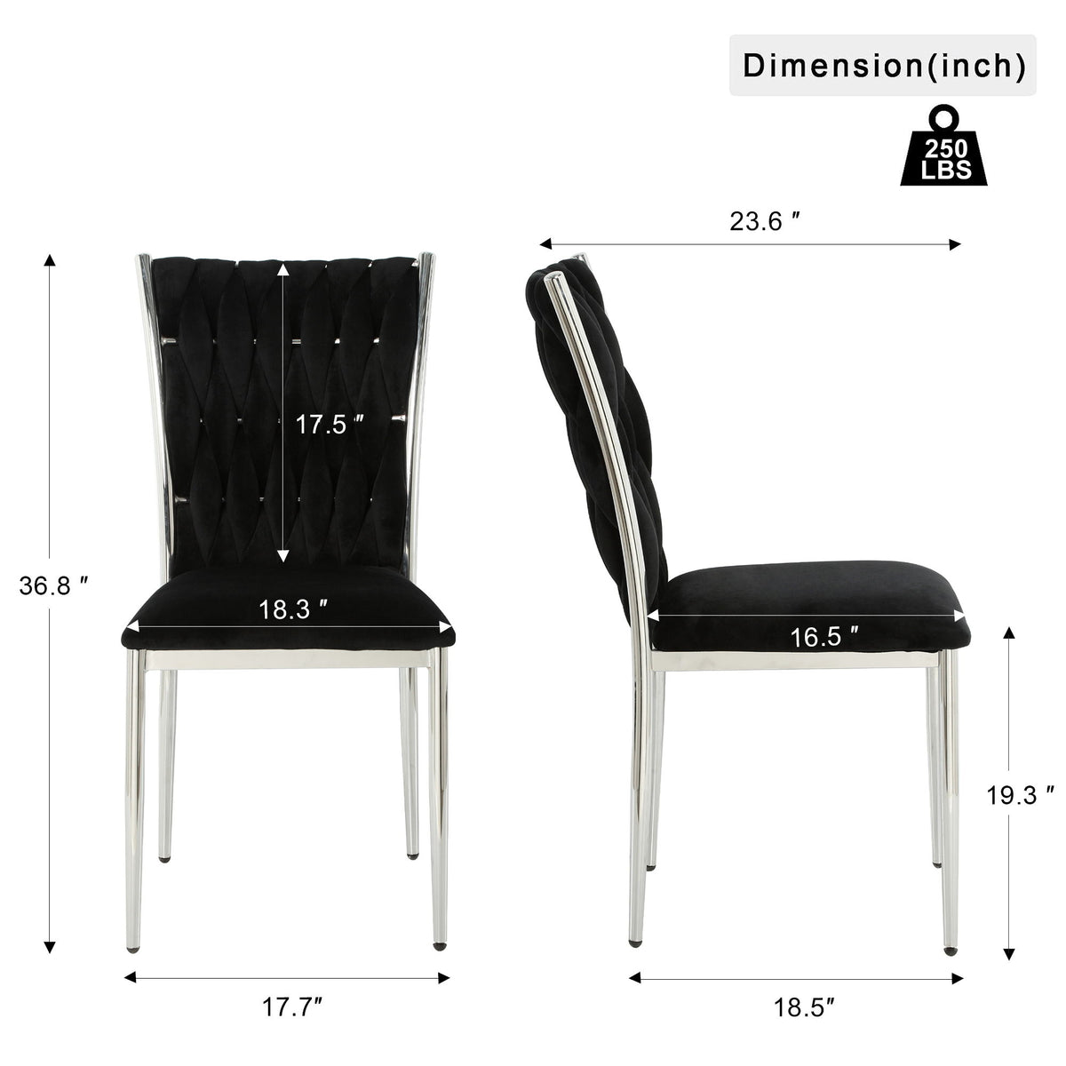 Black tufted dining chair with diamond-stitch back and padded seat, chrome legs